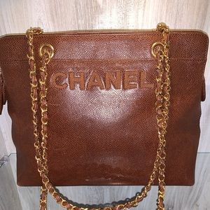 Auth. CHANEL Brown Caviar leather tote purse